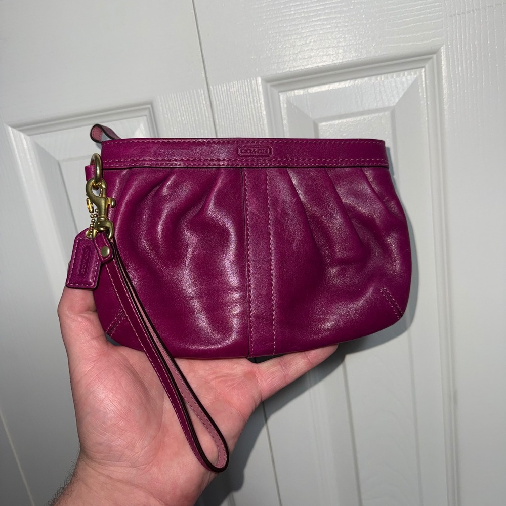 Coach Raspberry Pink Pleated Leather Large Wristlet Clutch Gold Tone Hardware